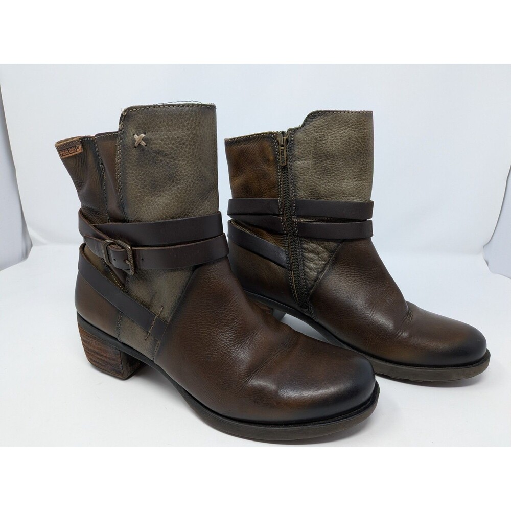 Pikolinos Brown Two-Tone Leather Ankle Boots Women's 39 Buckle Boho US 8.5-9